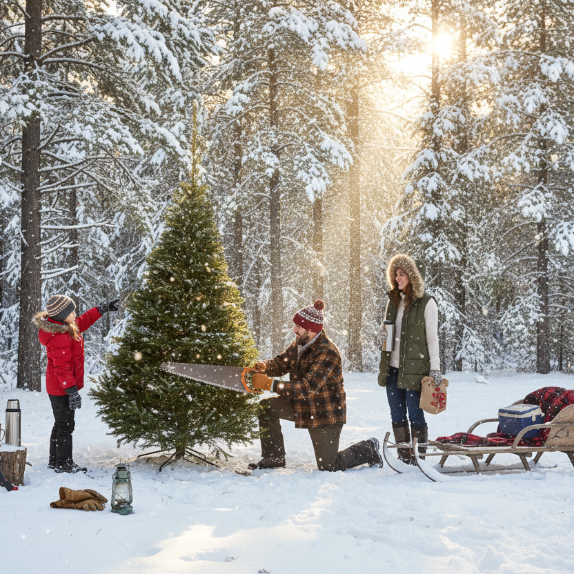 Cutting a christmas tree in the woods
